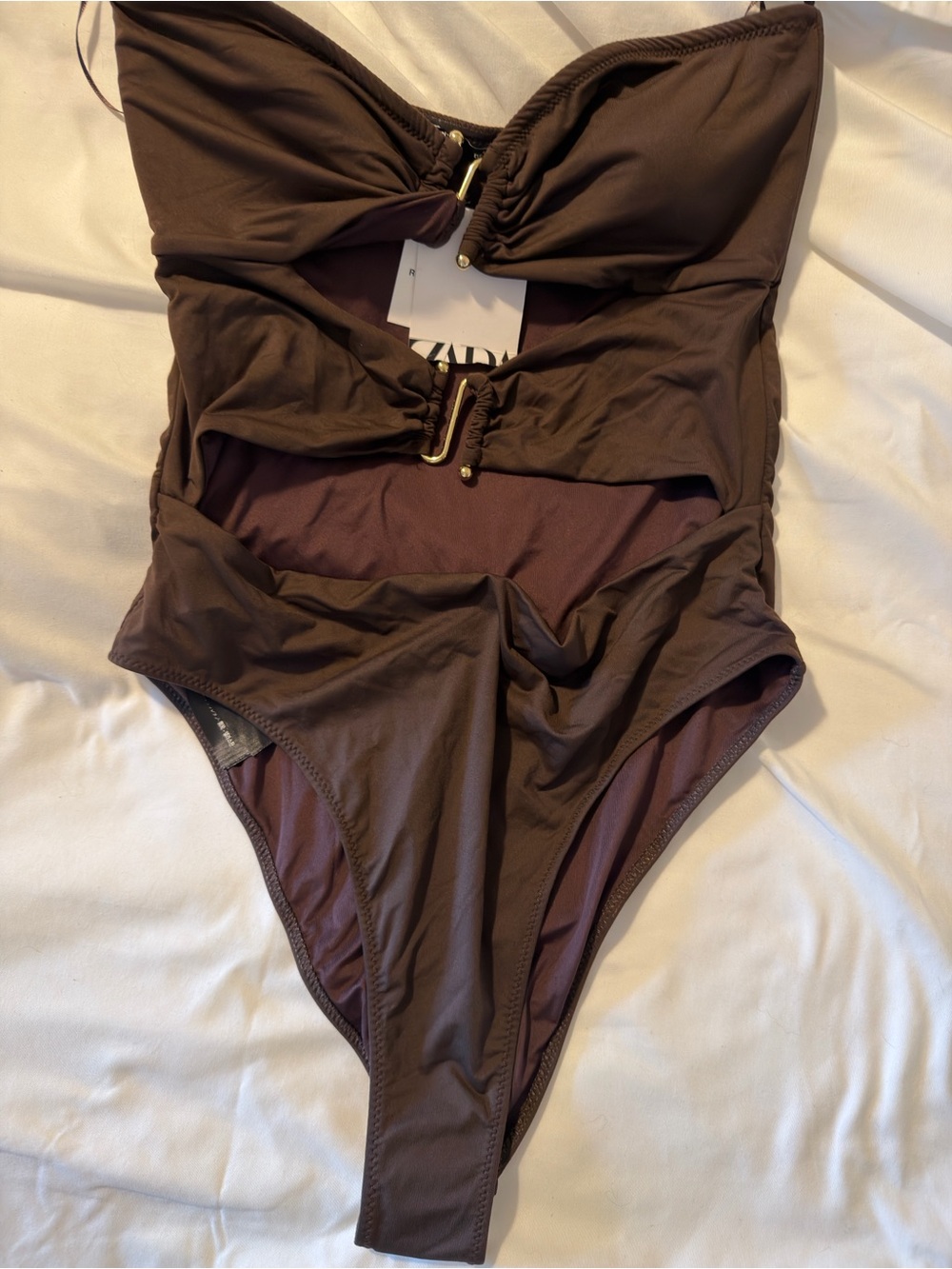 ZARA Chocolate Brown Cutout One-Piece Swimsuit with Gold Accents